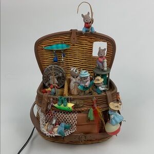 Gone Fishing Enesco Deluxe Multi-Action Musical Box Vintage 1990 Mice Fishing